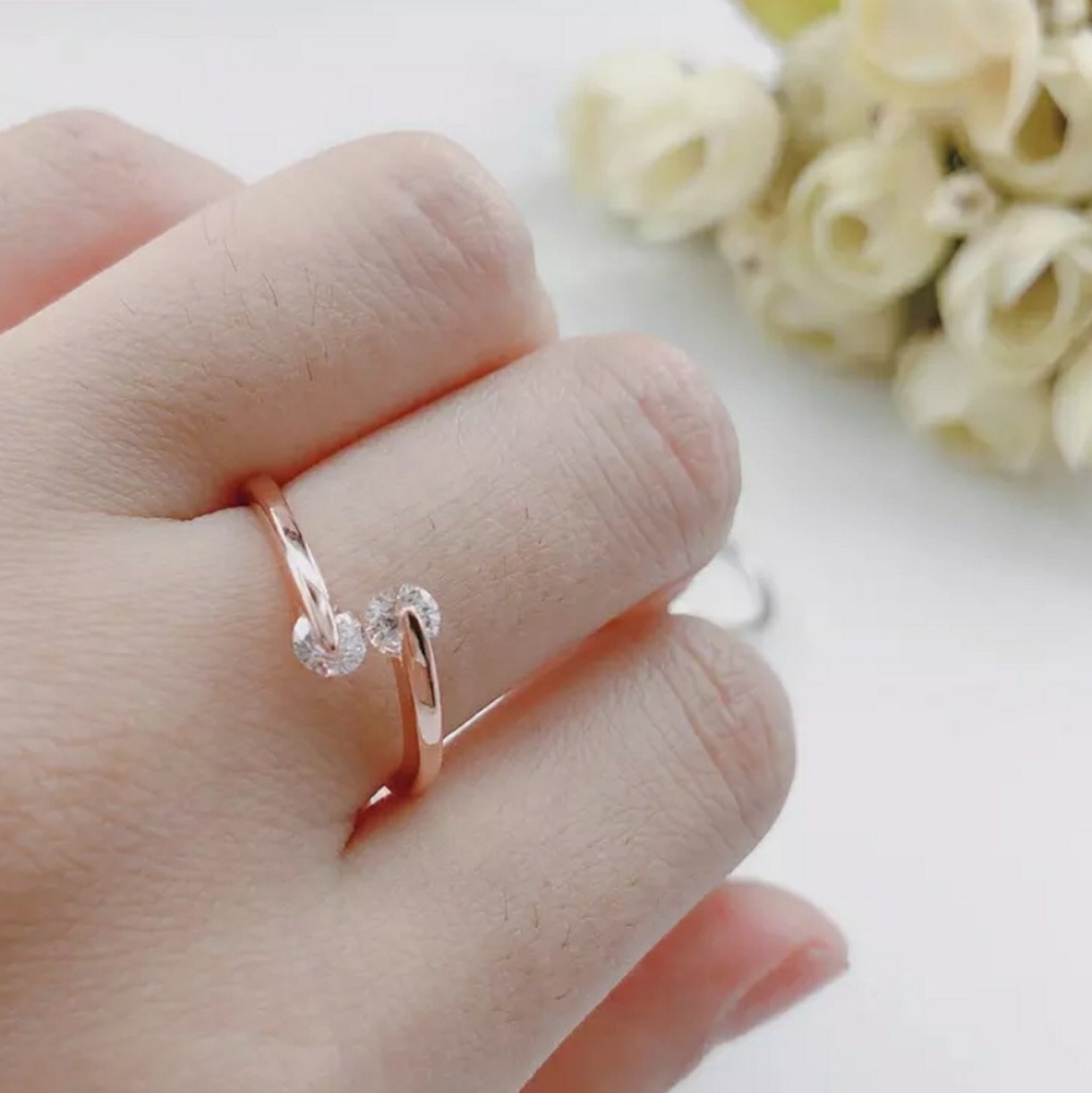 Rose Gold Double Diamond Adjustable Open Ring - Picture 6 of 8